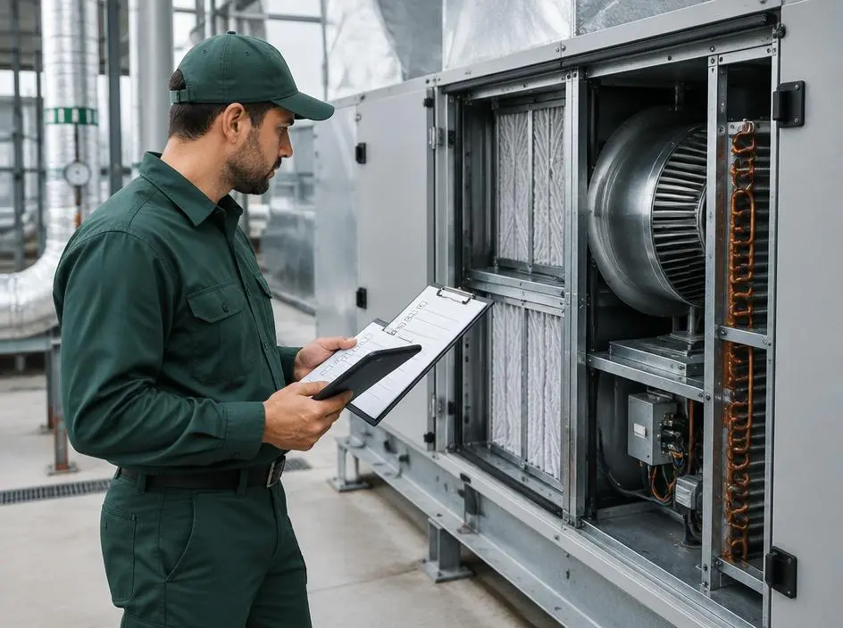 Técnico conferindo checklist de manutenção em equipamento de climatização (imagem ilustrativa)